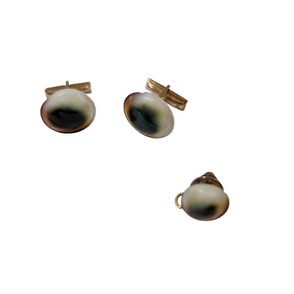 Vintage Shiva Eye Shell Cufflinks and Tie Tack Set Gold Tone Nautical Jewelry